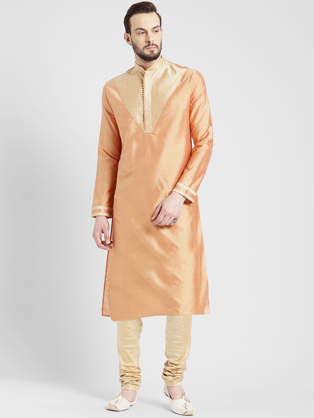 

KISAH Men Peach-Coloured & Beige Yoke Design Kurta with Churidar