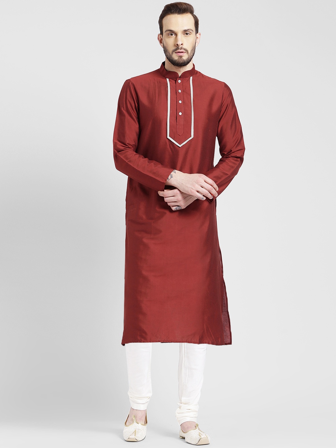 

KISAH Men Maroon & White Yoke Design Kurta with Churidar