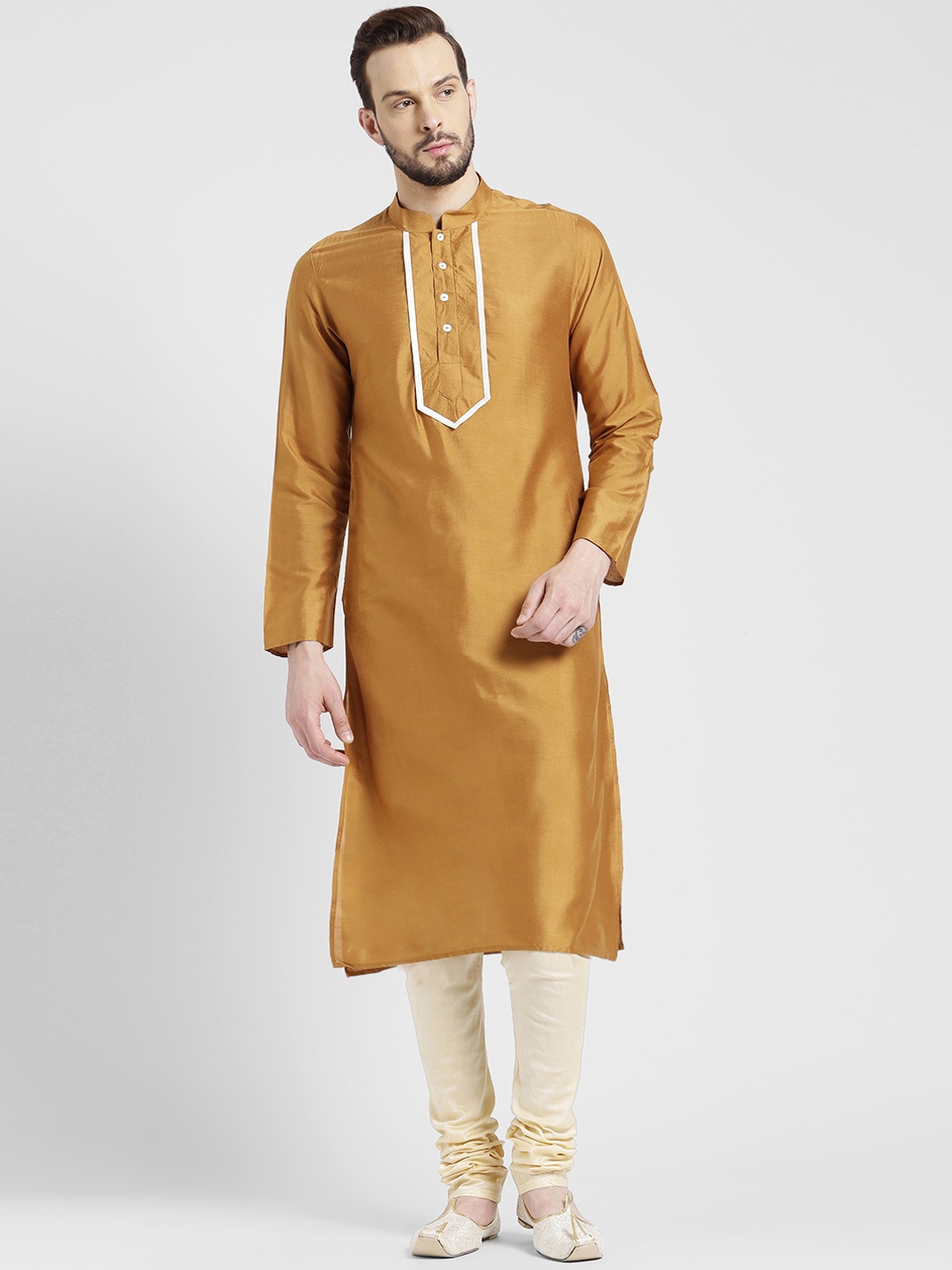 

KISAH Men Mustard & Beige Yoke Design Kurta with Churidar