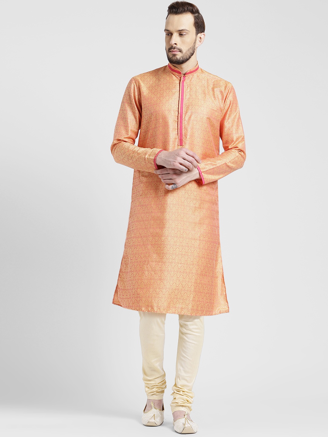 

KISAH Men Pink & Yellow Self Design Kurta with Churidar