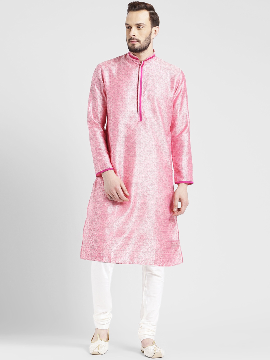 

KISAH Men Pink & White Self Design Kurta with Churidar