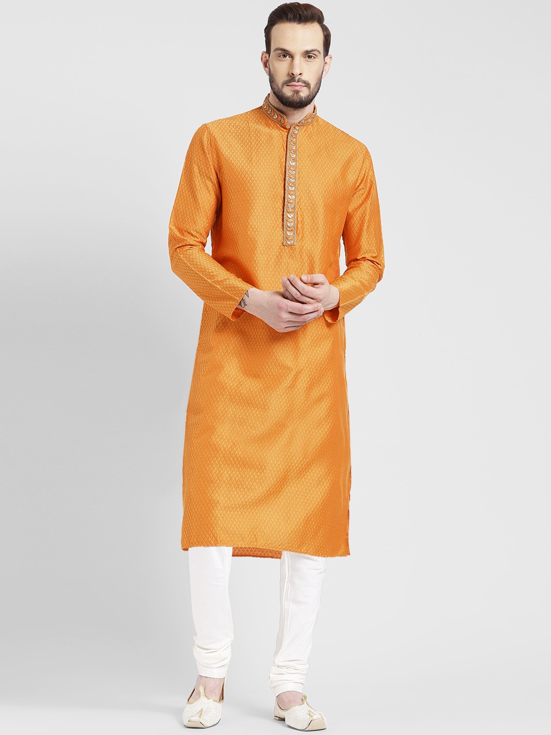 

KISAH Men Orange & White Self Design Kurta with Churidar