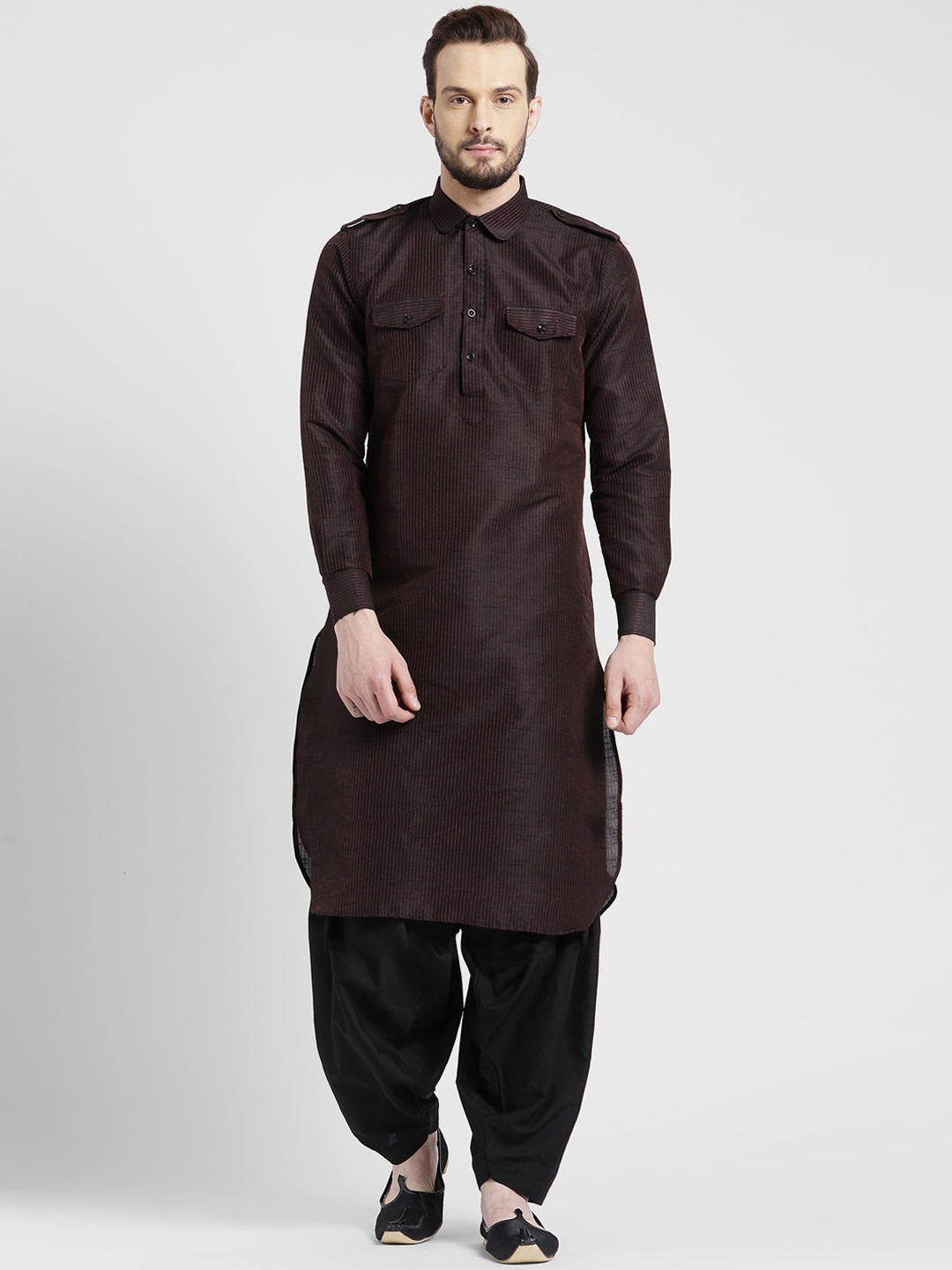 

KISAH Men Black & Maroon Striped Pathani Kurta