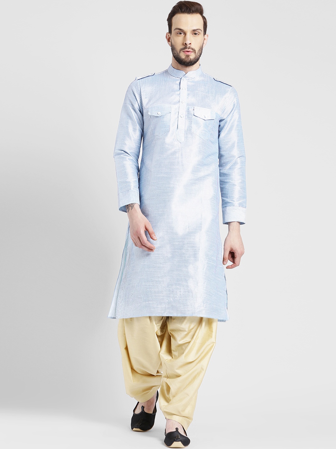 

KISAH Men Blue & Red Striped Pathani Kurta