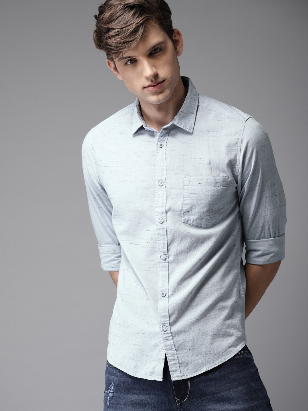 

HERE&NOW Men Grey Regular Fit Solid Casual Shirt