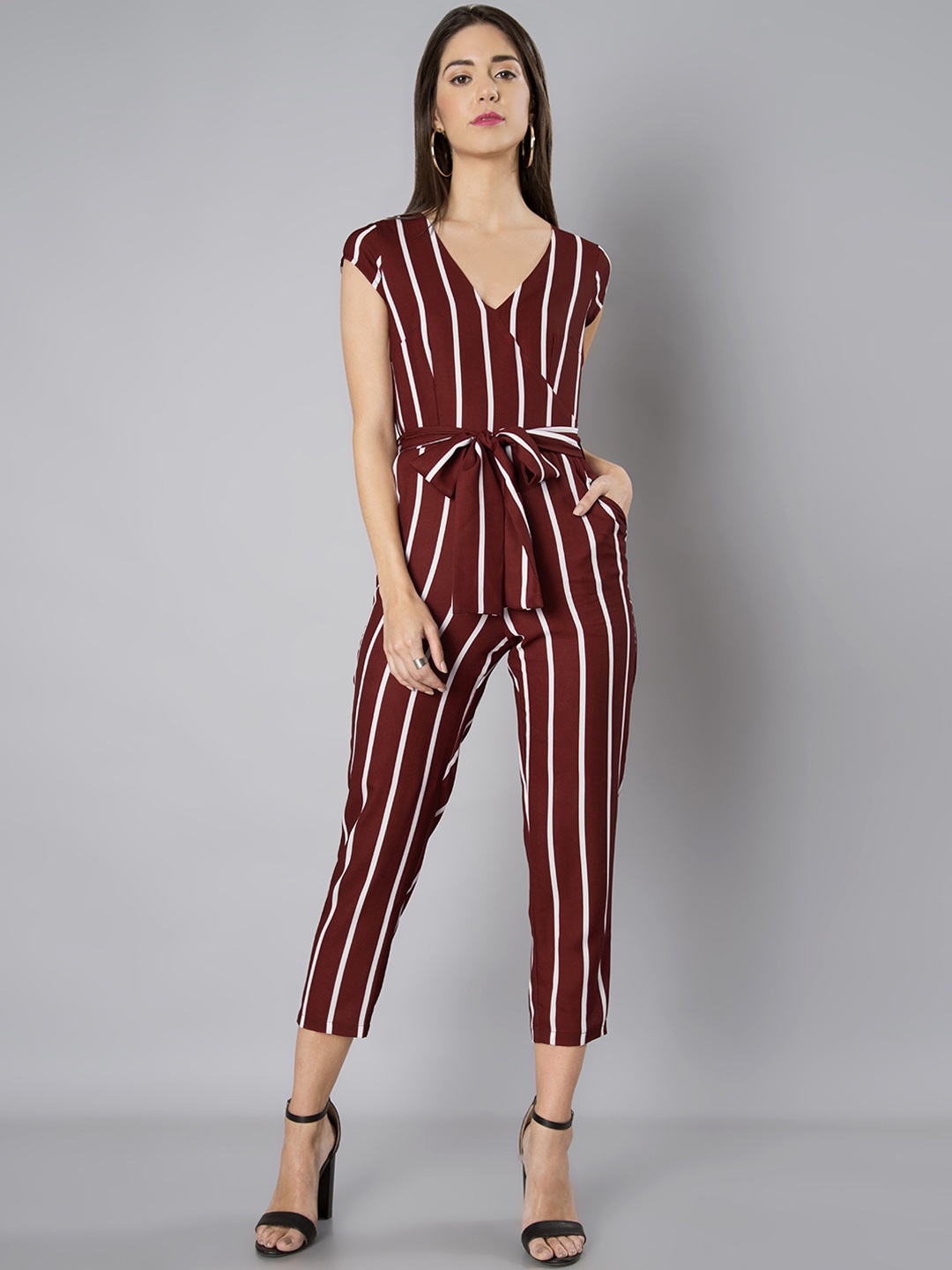 

FabAlley Maroon & White Striped Basic Jumpsuit