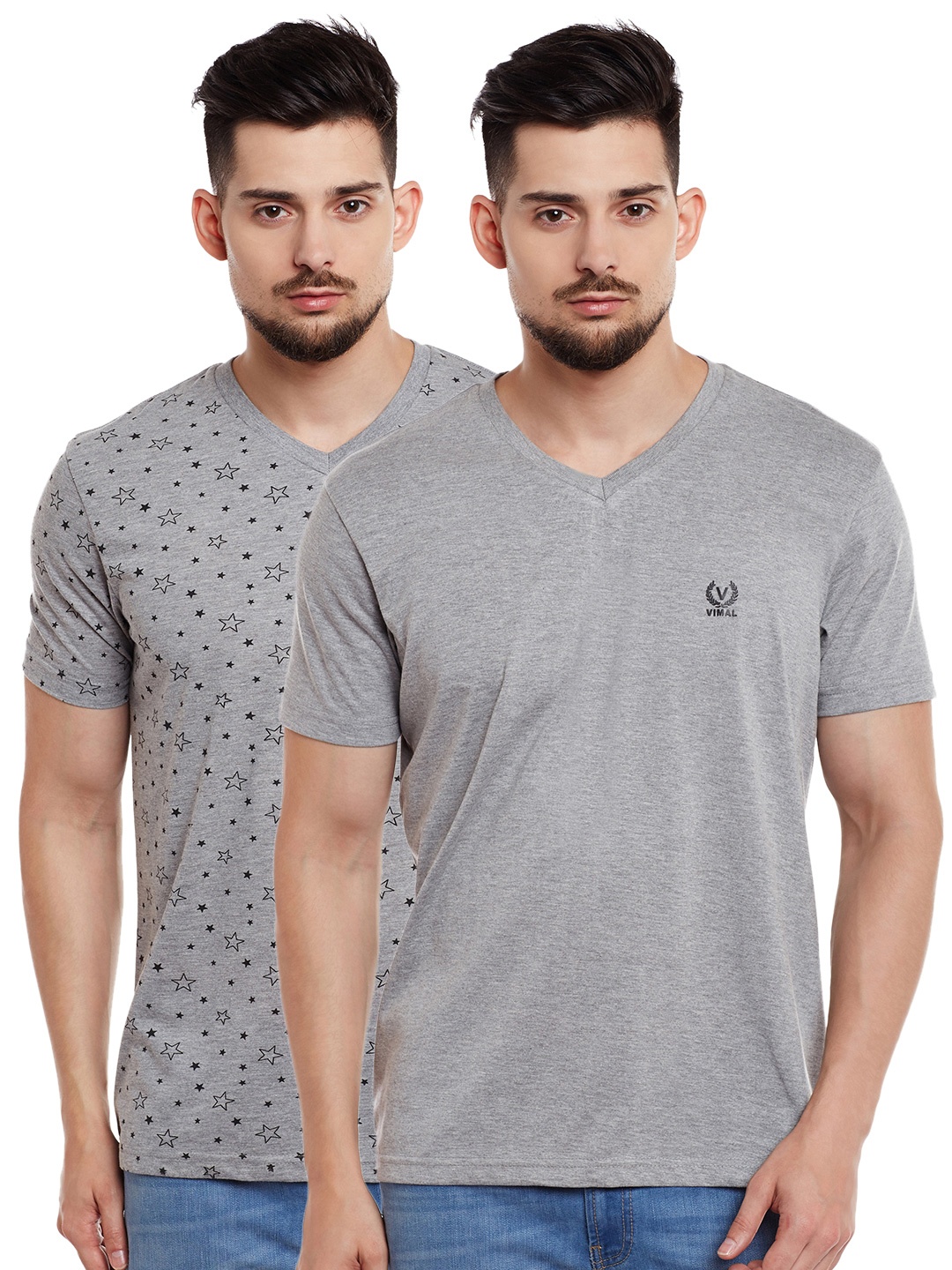 

MACK JONNEY Men Pack of 2 V-Neck T-shirts, Grey melange