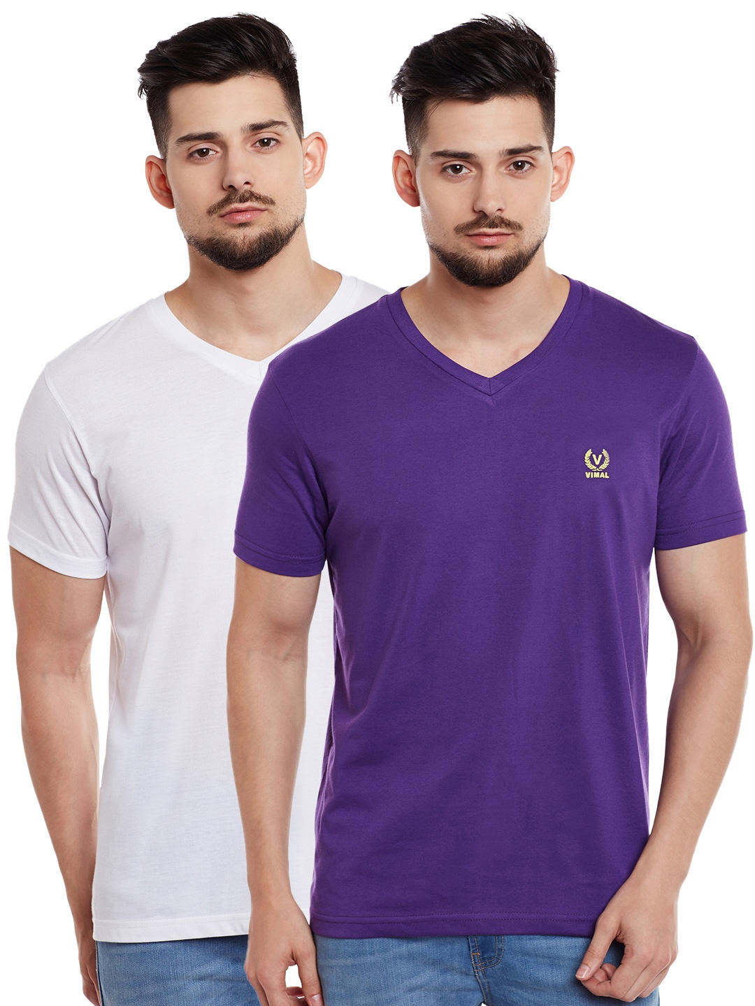 

MACK JONNEY Men Pack of 2 V-Neck T-shirts, Purple