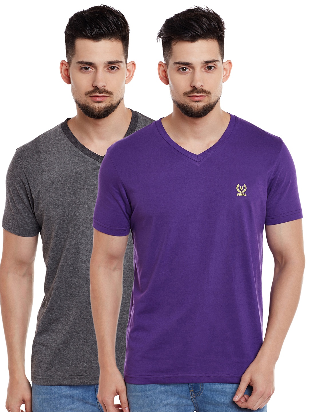 

MACK JONNEY Men Pack of 2 V-Neck T-shirts, Purple