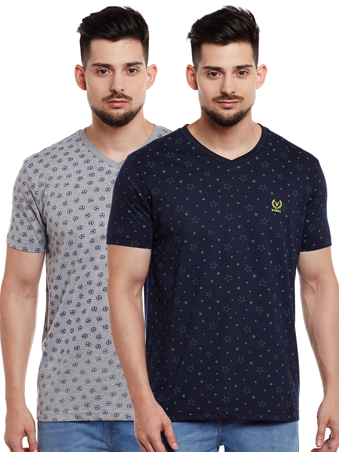 

MACK JONNEY Men Pack of 2 Printed V-Neck T-shirts, Navy blue
