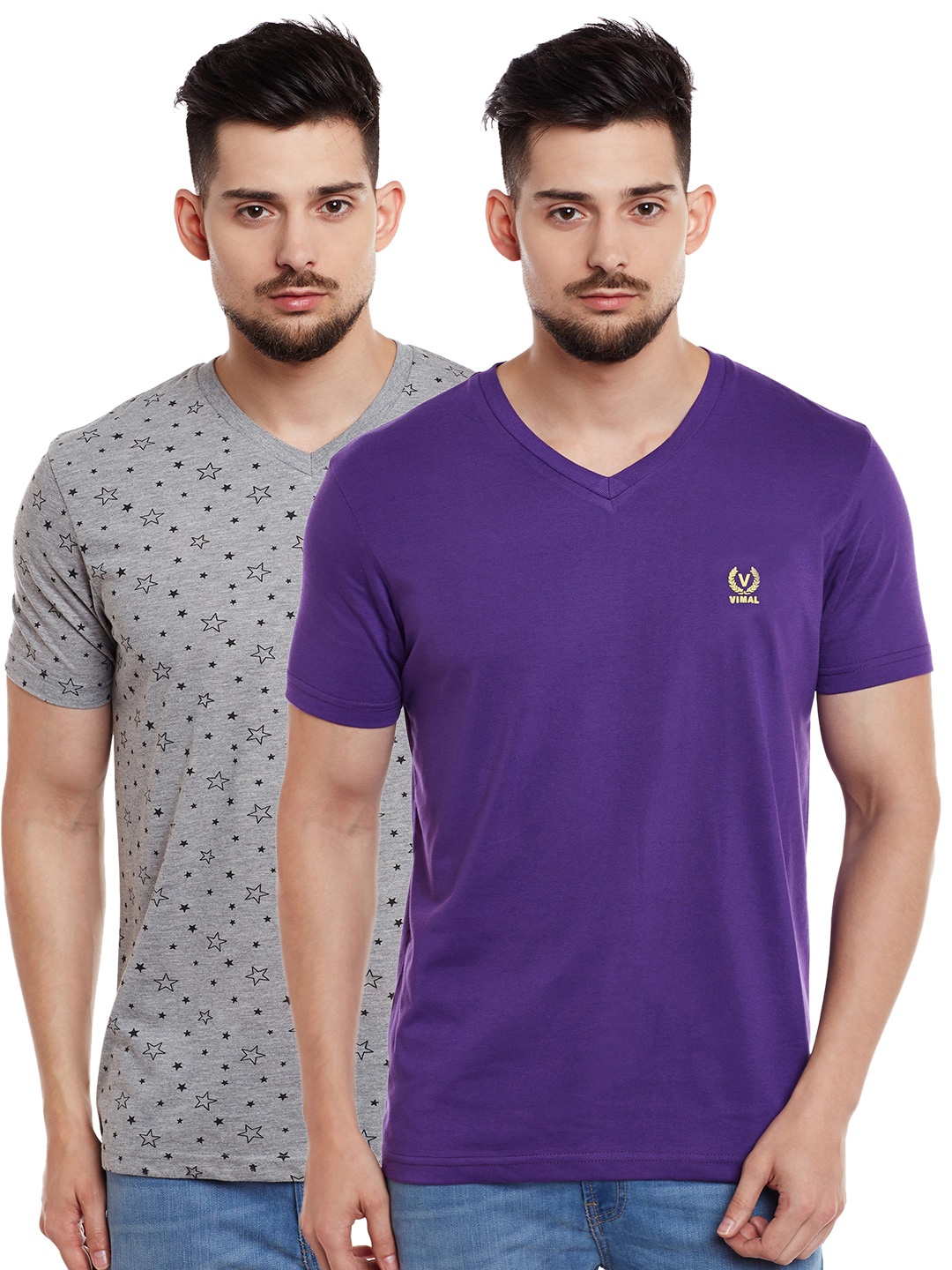 

MACK JONNEY Men Pack of 2 V-Neck T-shirts, Purple