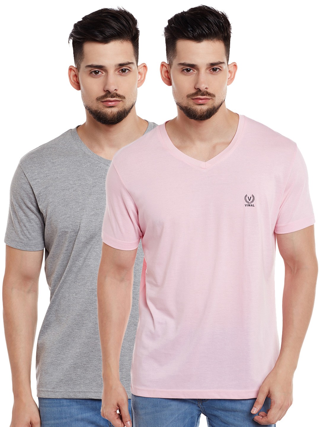 

VIMAL JONNEY Men Pack of 2 Solid V-Neck T-shirts, Grey melange