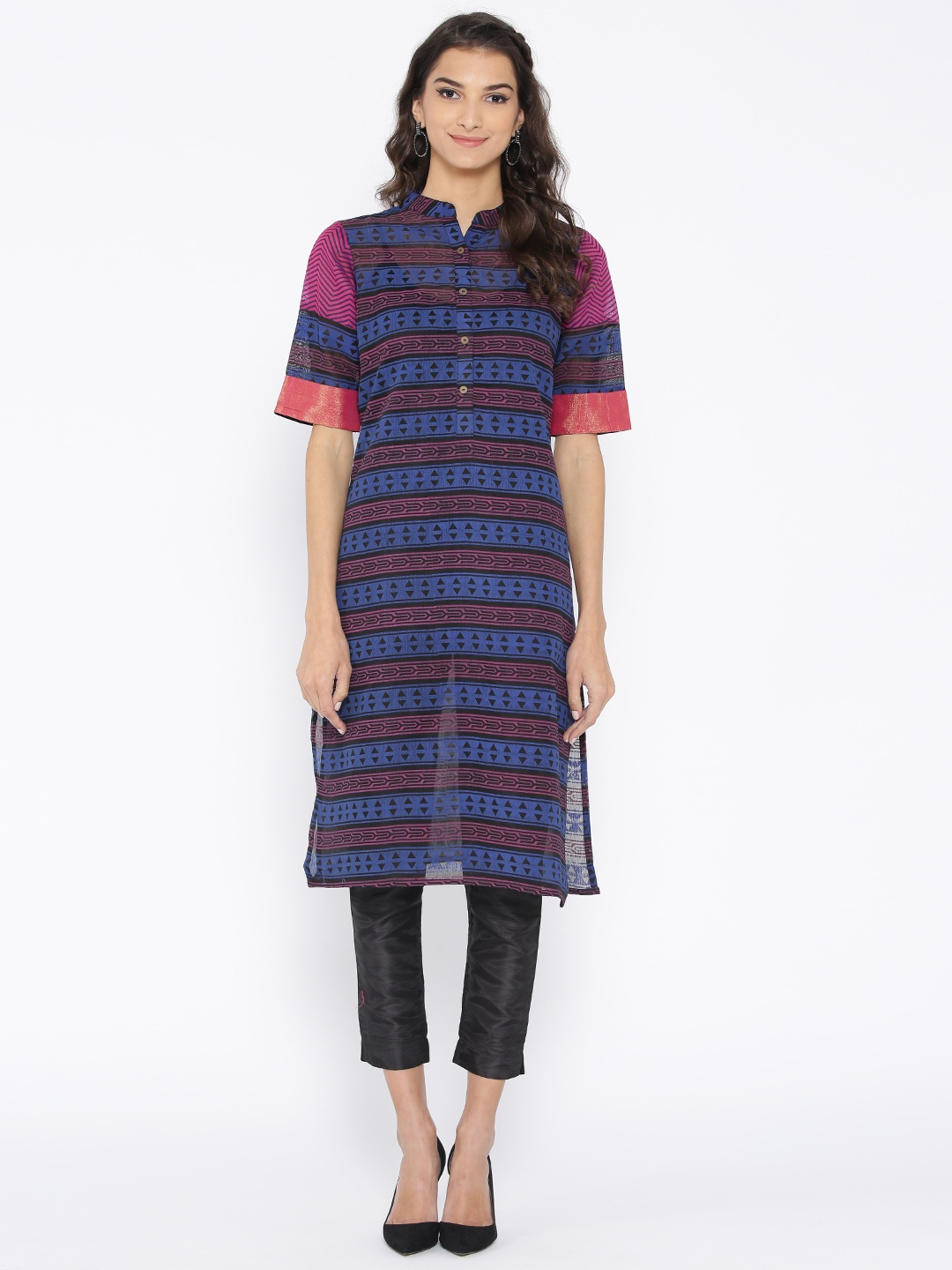 

Jashn Women Navy Blue & Purple Striped Straight Kurta