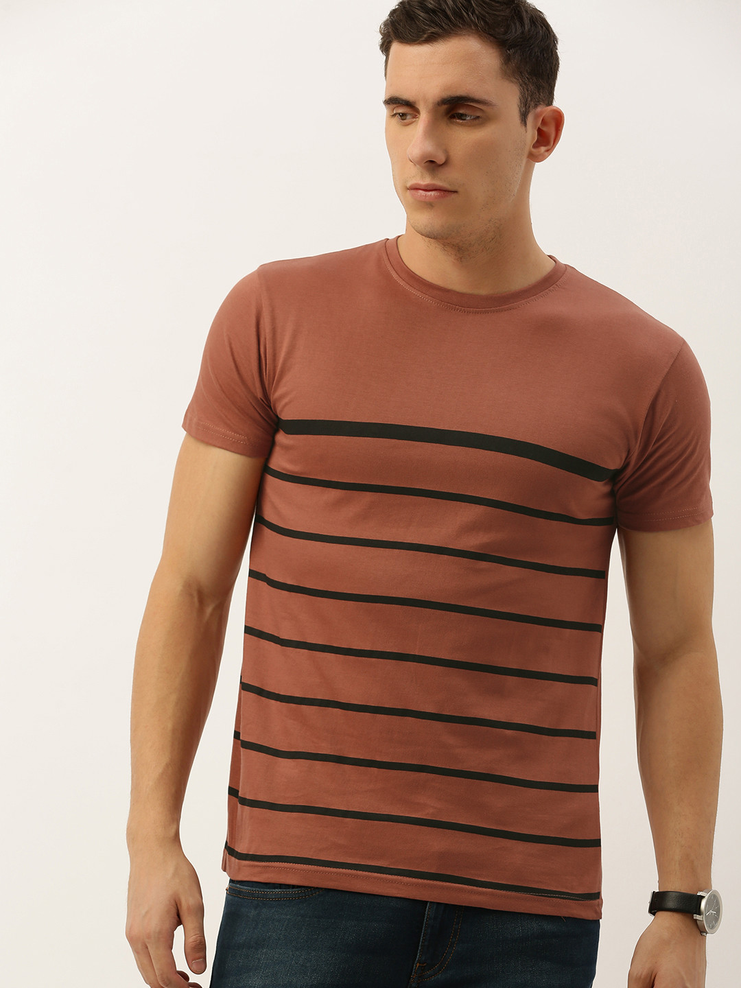 

DILLINGER Men Brown Black Striped Round Neck Pure Cotton T-shirt