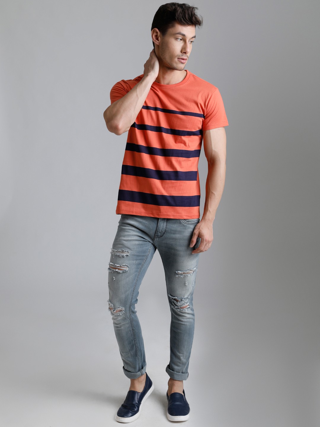 

DILLINGER Men Orange Navy Blue Striped Round Neck Pure Cotton T-shirt