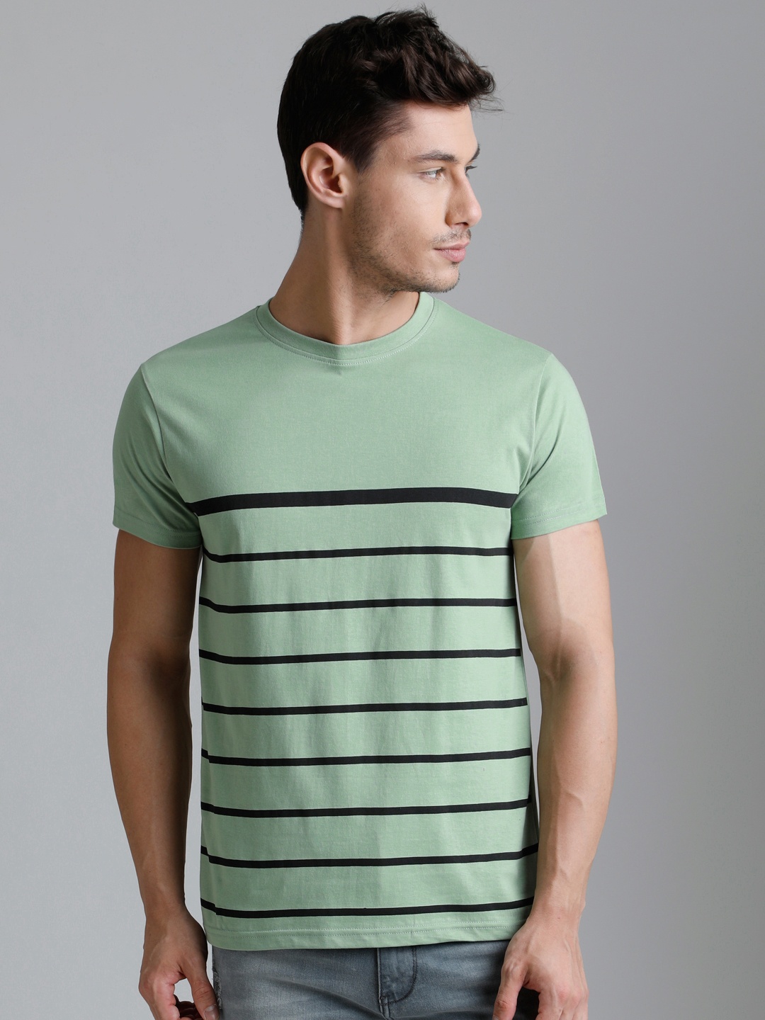 

DILLINGER Men Green Black Striped Round Neck Pure Cotton T-shirt