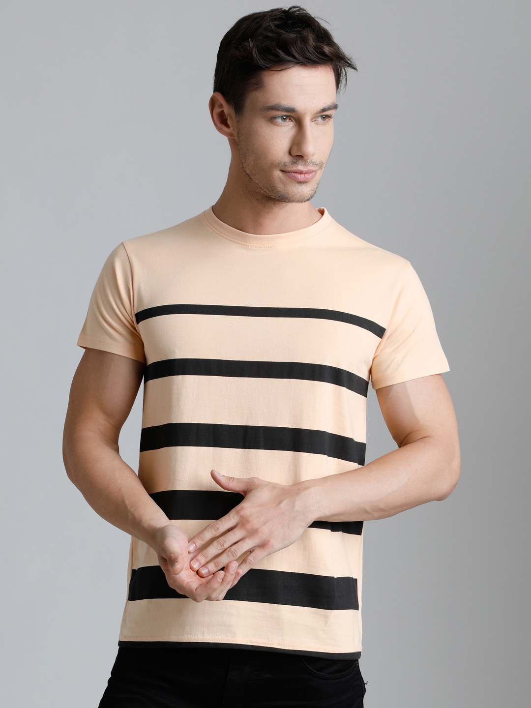 

DILLINGER Men Peach-Coloured Black Striped Round Neck Pure Cotton T-shirt