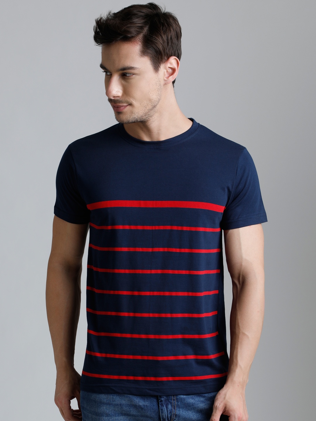 

DILLINGER Men Navy Blue Red Striped Round Neck Pure Cotton T-shirt