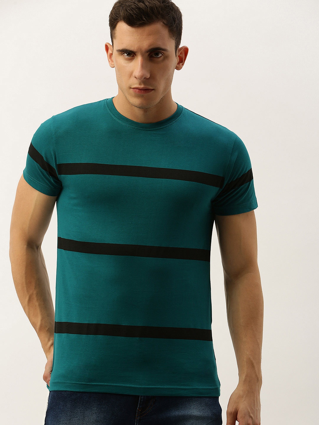 

DILLINGER Men Teal Green Black Striped Round Neck Pure Cotton T-shirt