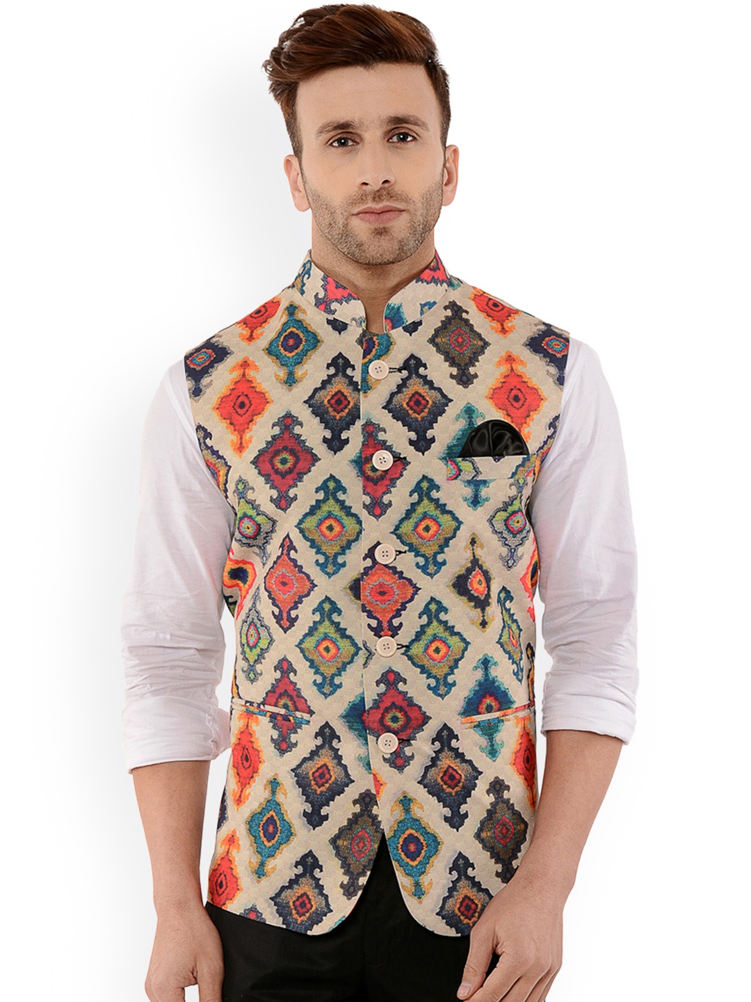 

Hangup Men Multicoloured Printed Nehru Jacket With Pocket Square, Multi