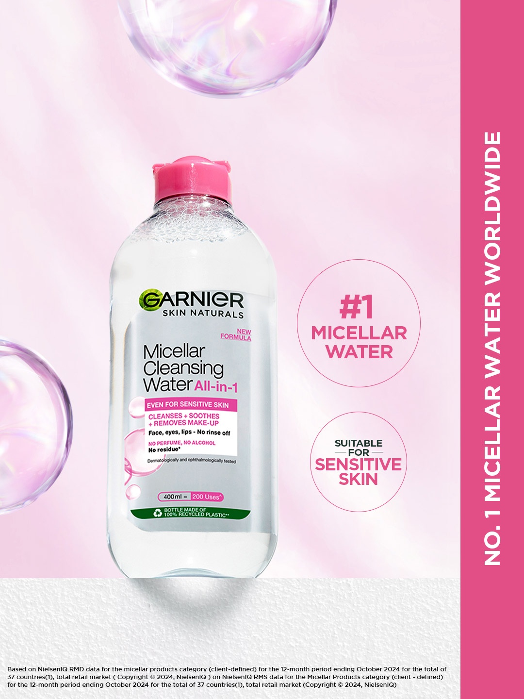 Garnier Micellar Water - Gentle Cleanser For Sensitive Skin, Get 100% Clean Skin - 400ml