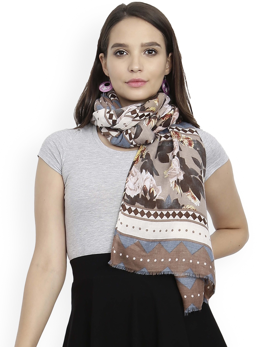 

FabSeasons Beige & Brown Printed Scarf