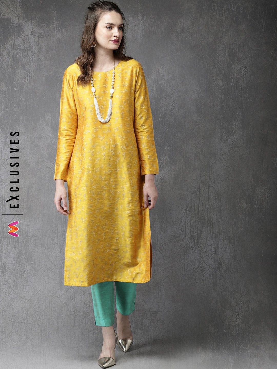 

Anouk Women Mustard & Turquoise Blue Printed Kurta with Trousers