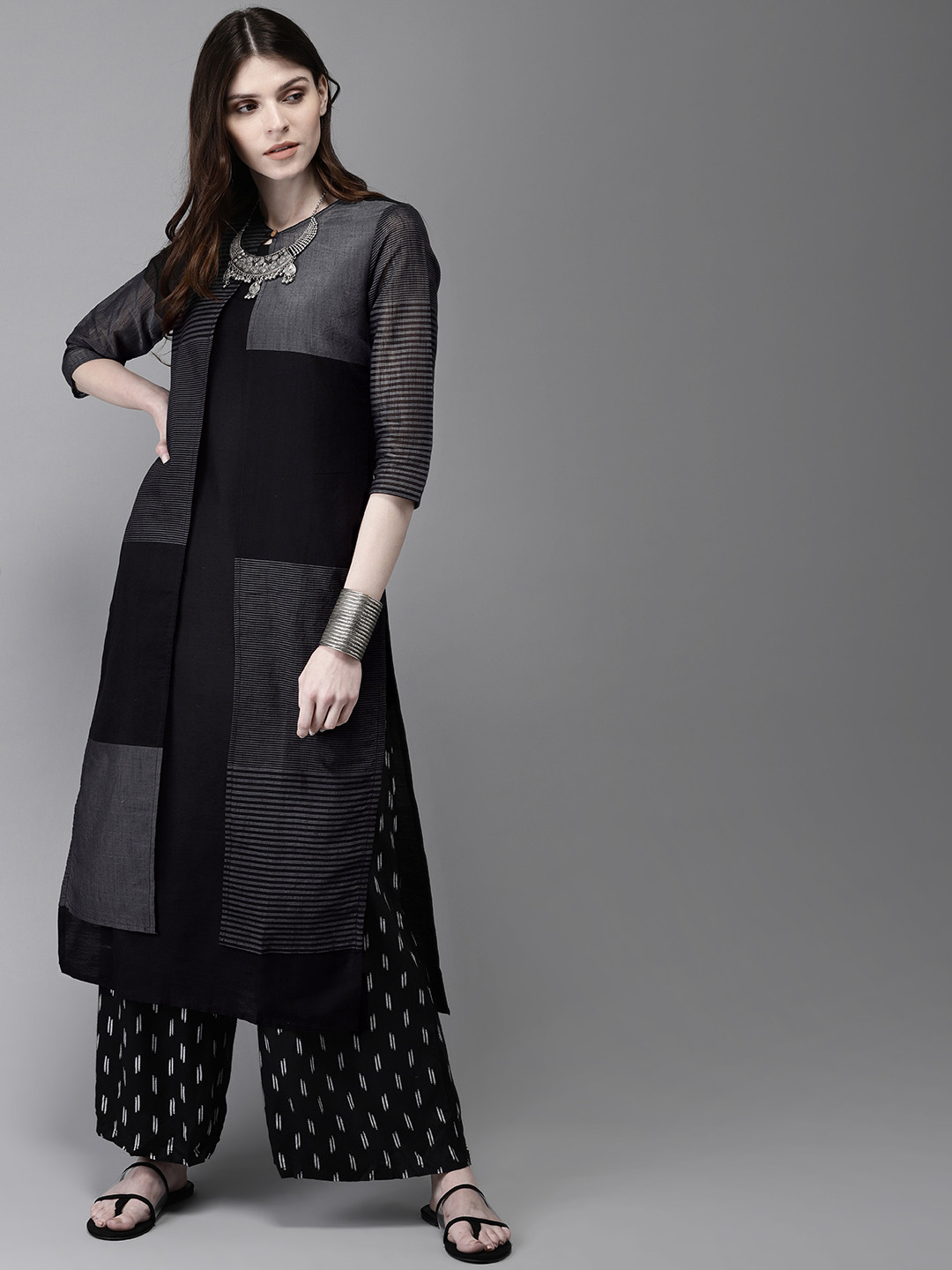 

Anouk Women Black & Charcoal Grey Colourblcoked A-Line Layered Kurta