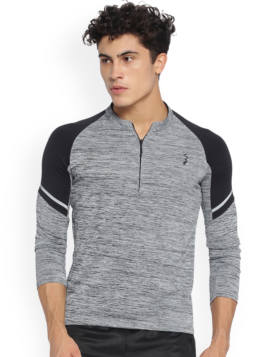 

Campus Sutra Men Grey Self Design Mandarin Collar T-shirt