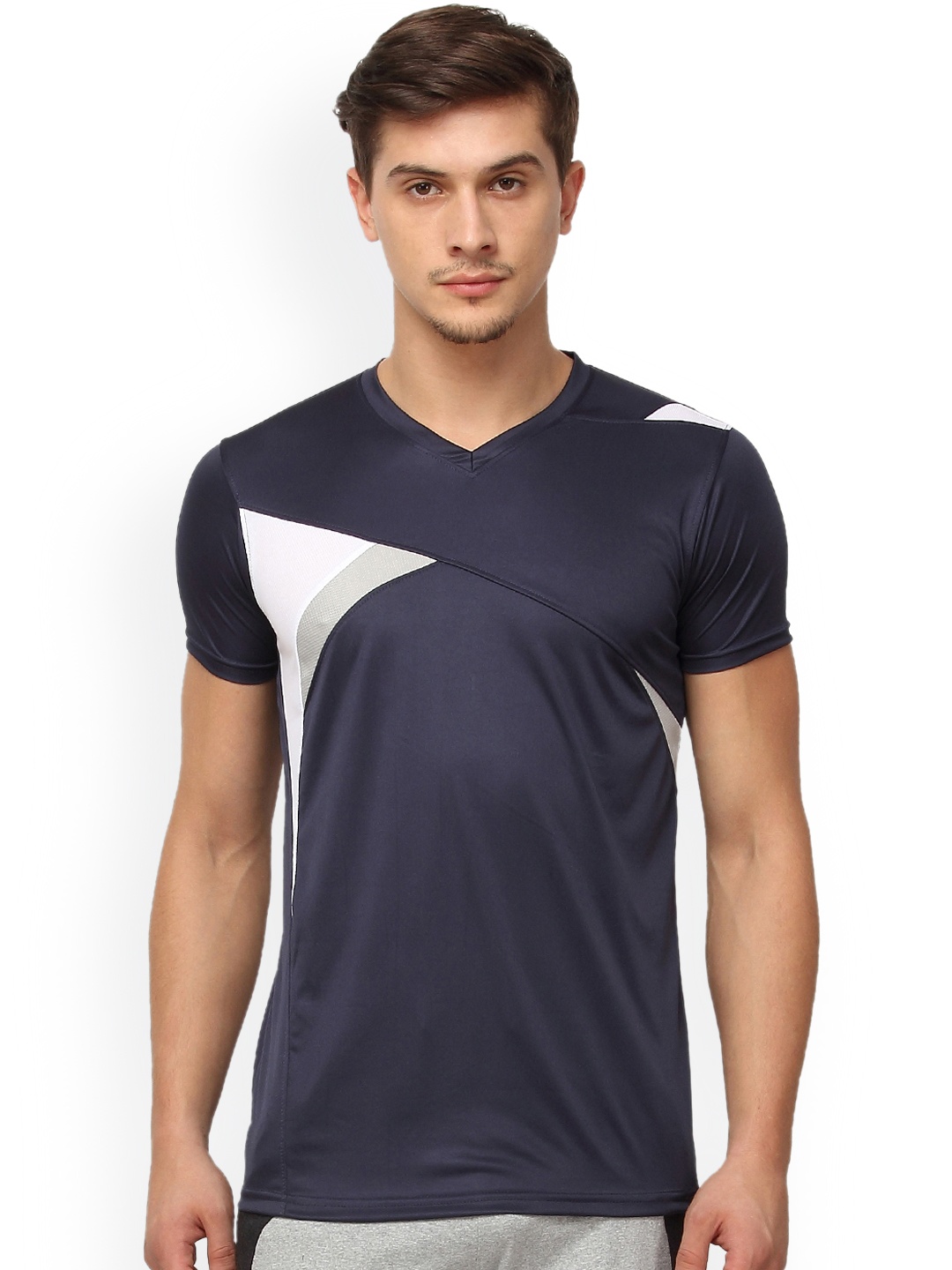 

Campus Sutra Men Navy Blue & White Colourblocked V-Neck T-shirt