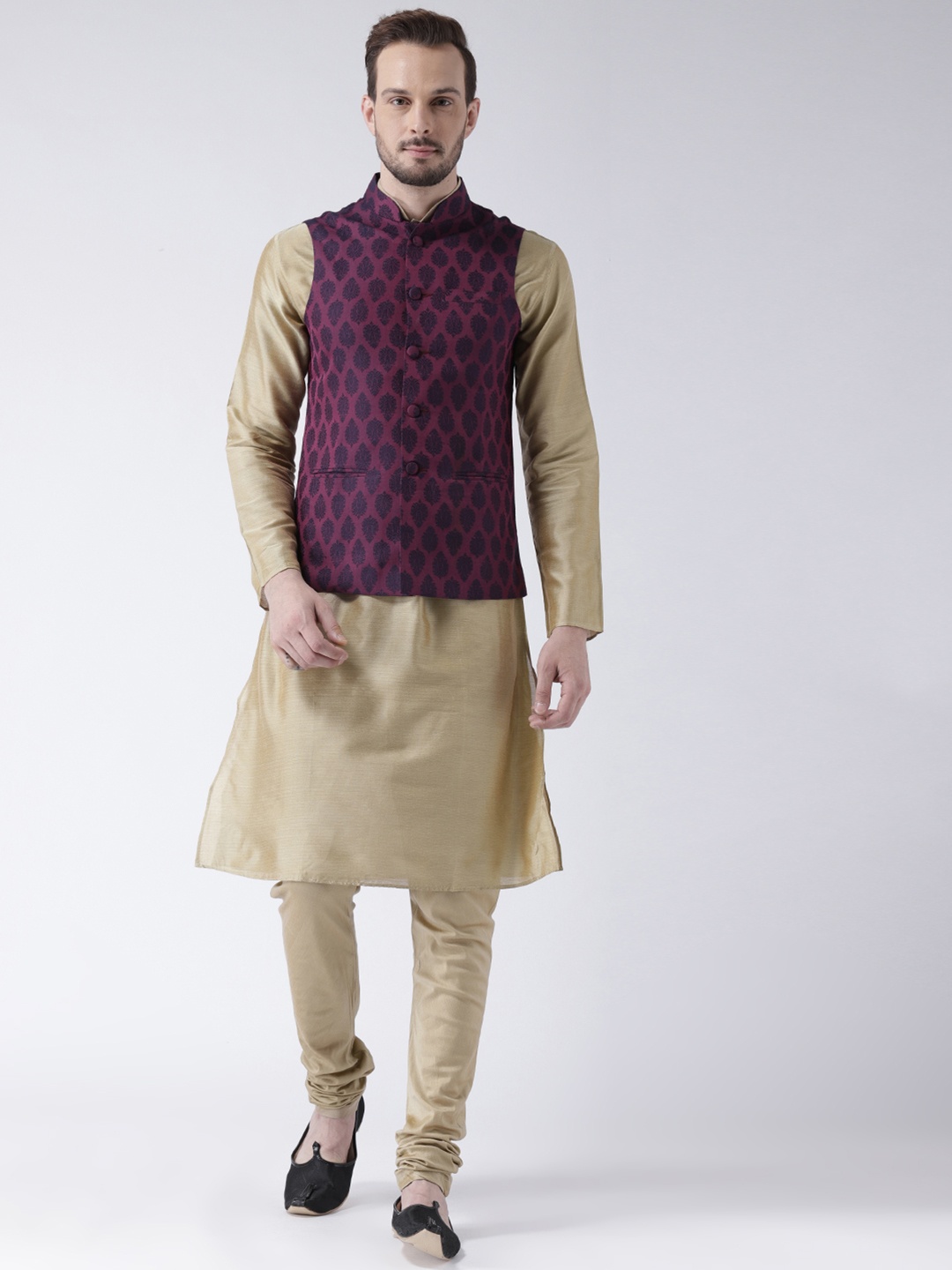 

KISAH Men Beige & Purple Solid Banarasi Kurta with Churidar & Nehru Jacket