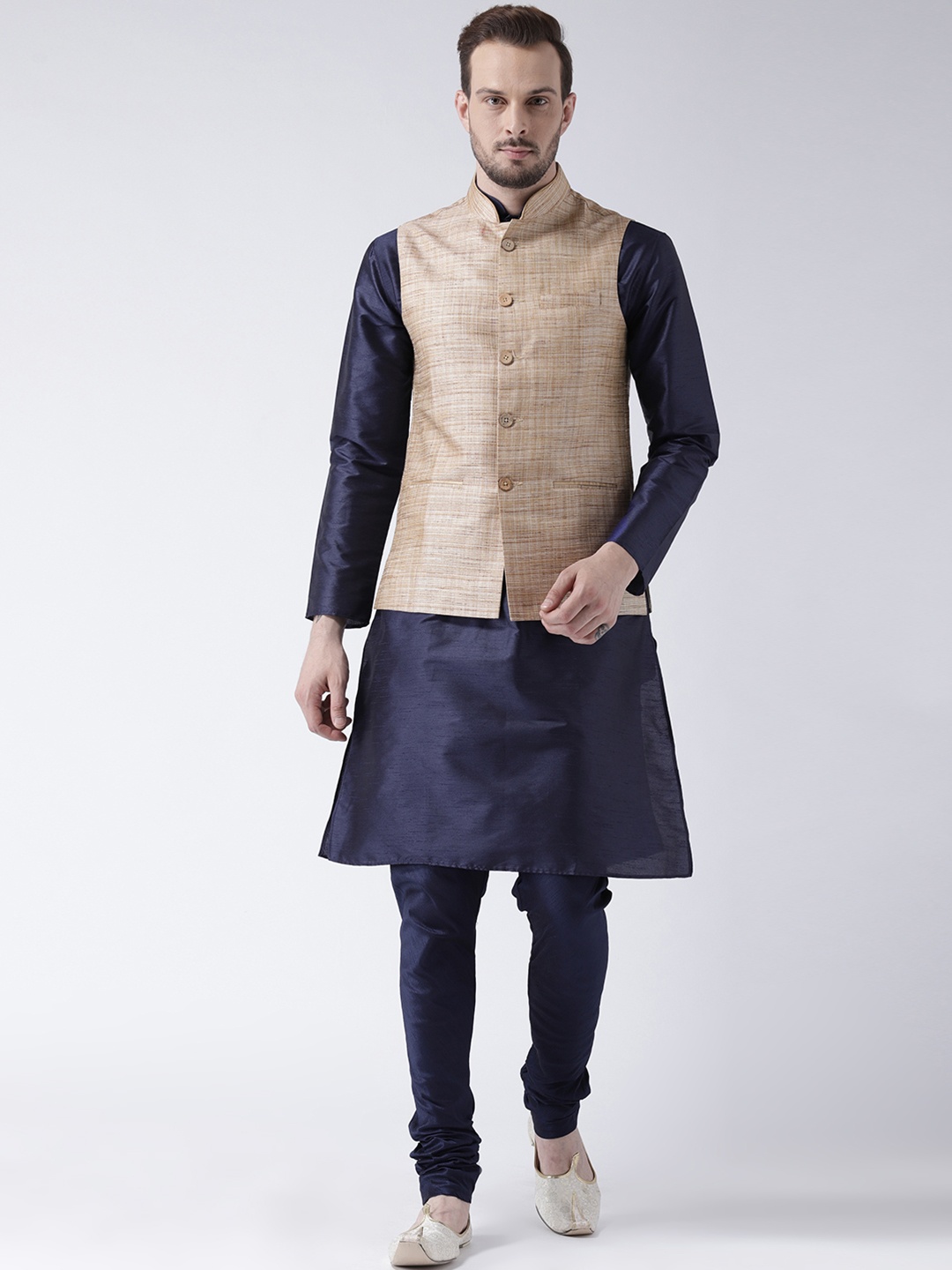 

KISAH Men Navy & Beige Solid Dupion Silk Kurta with Churidar & Nehru Jacket, Navy blue