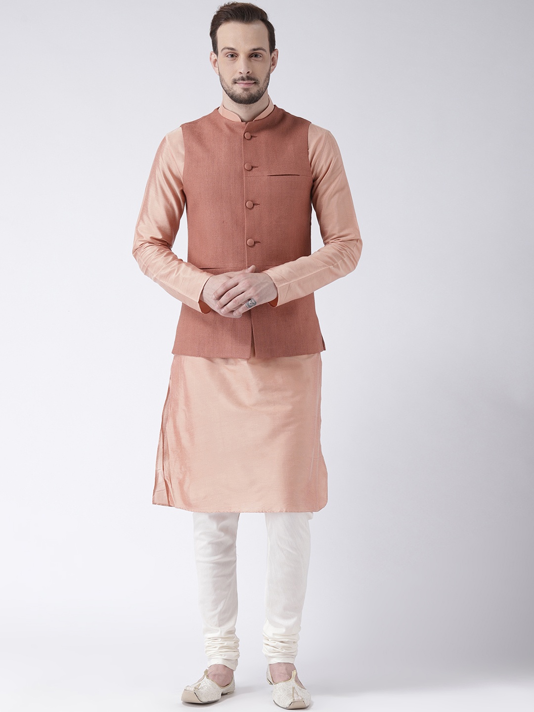 

KISAH Men Peach Rust Red Solid Banarasi Kurta with Churidar & Jacket