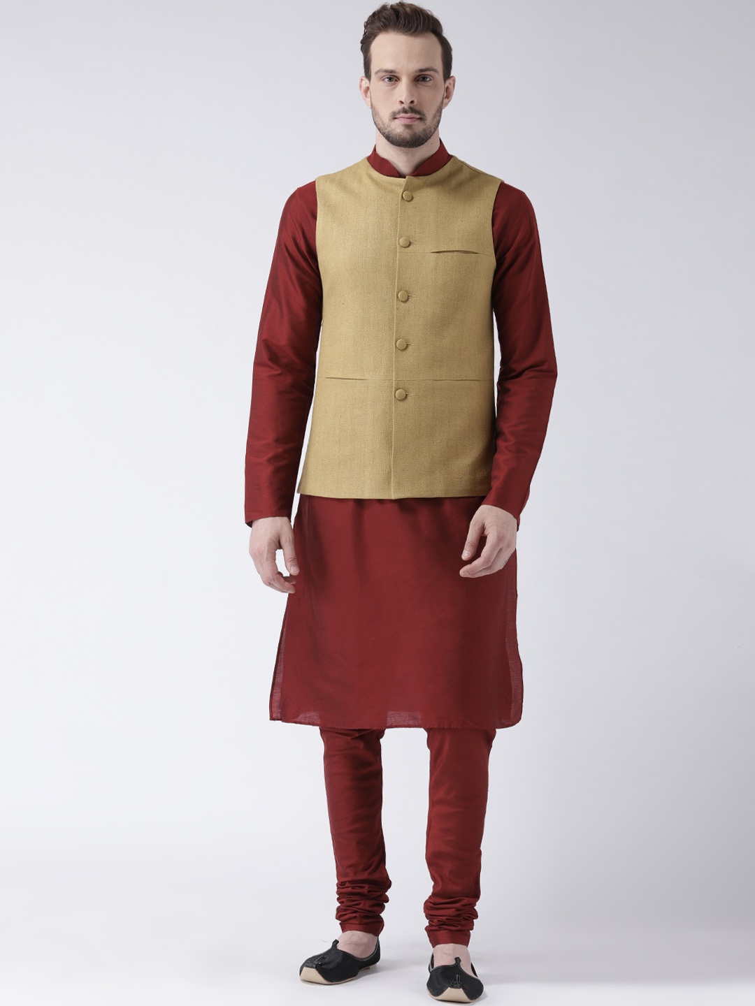 

KISAH Men Maroon & Beige Solid Banarasi Kurta with Churidar & Jacket