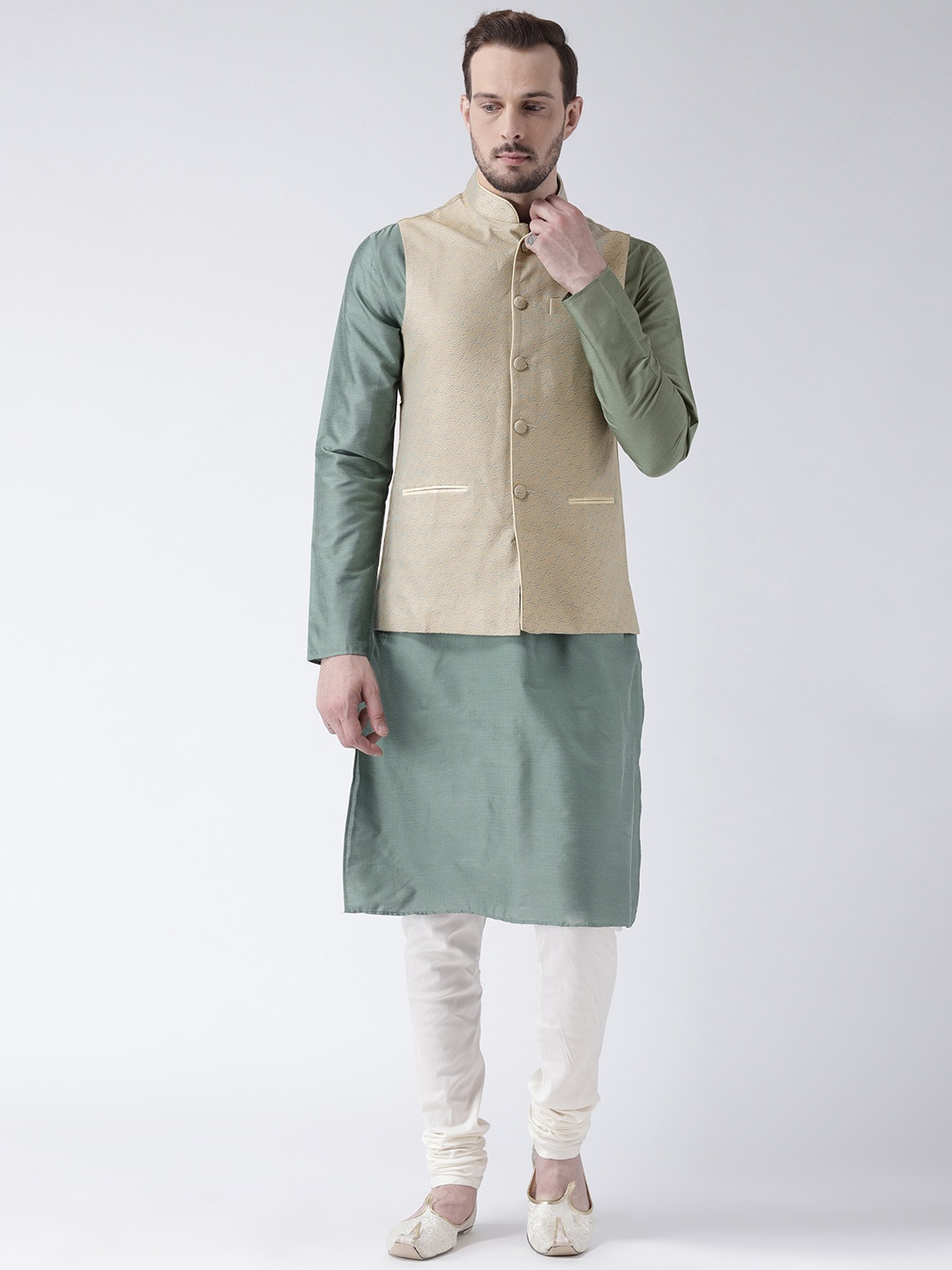 

KISAH Men Green & Cream Solid Banarasi Kurta with Churidar & Nehru Jacket