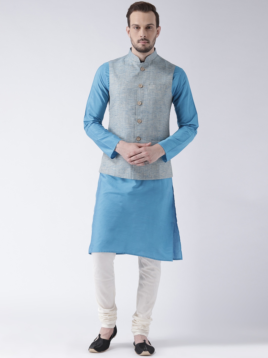 

KISAH Men Solid Regular Fit Self Kurta Jacket Churidar Set, Blue