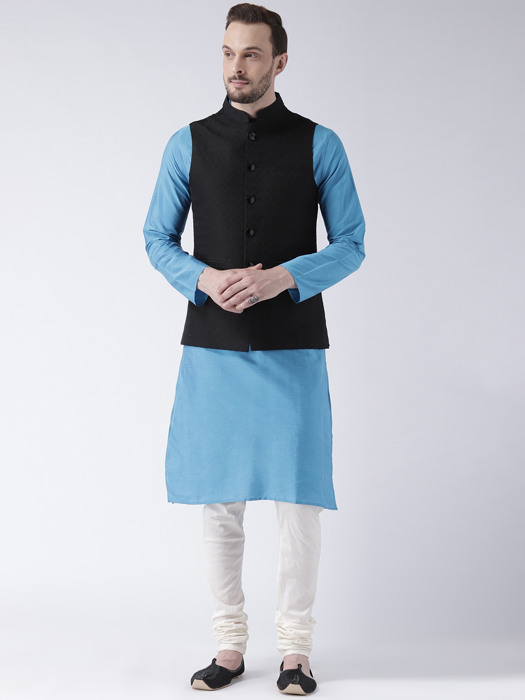 

KISAH Men Blue & Black Solid Banarasi Kurta with Churidar & Nehru Jacket