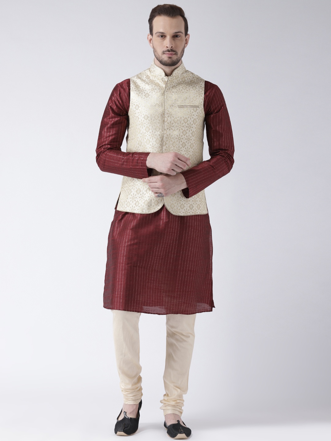 

KISAH Men Maroon & Cream Solid Banarasi Kurta with Churidar & Nehru Jacket