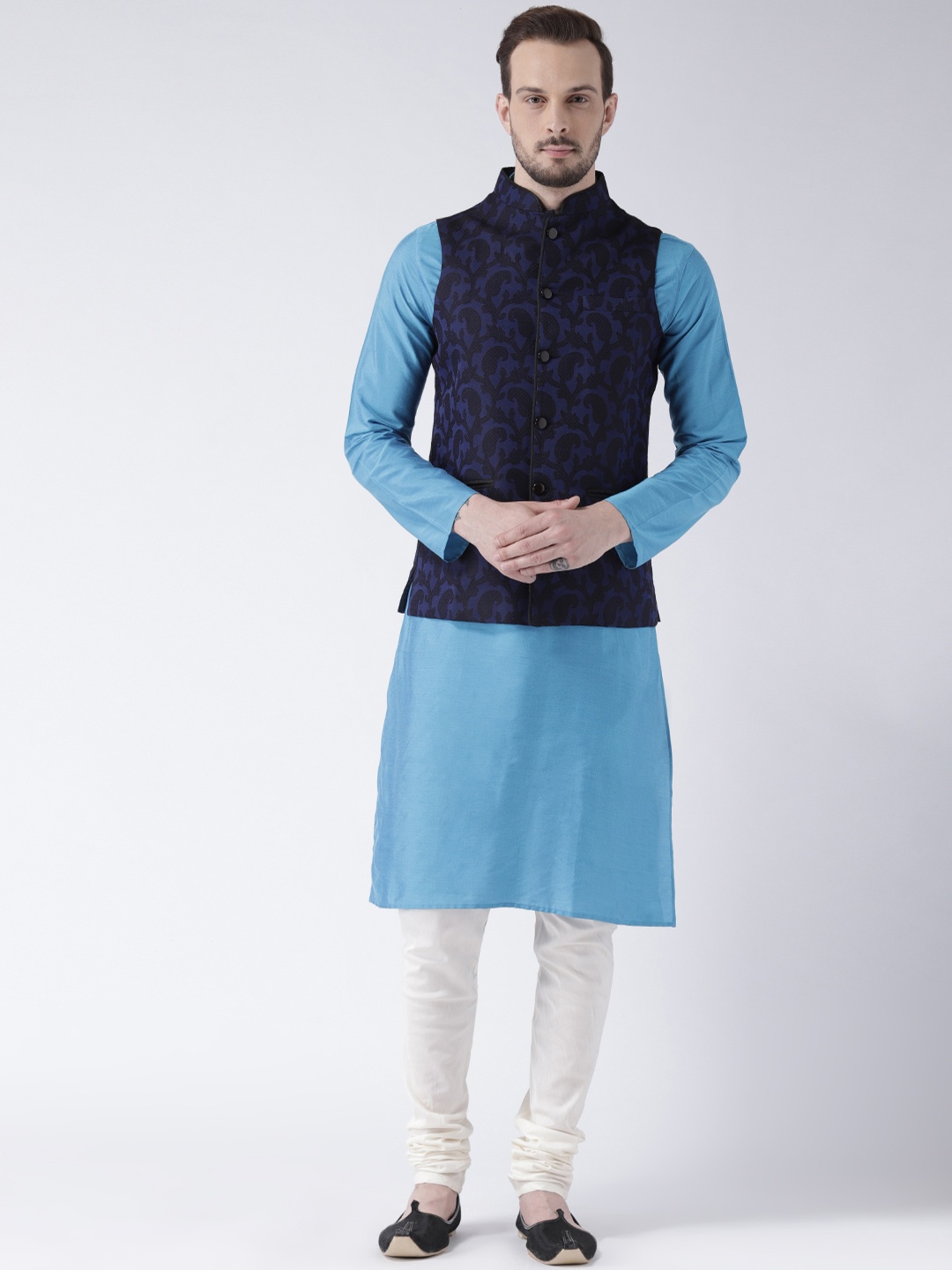 

KISAH Men Blue & Cream Solid Banarasi Kurta with Churidar & Nehru Jacket