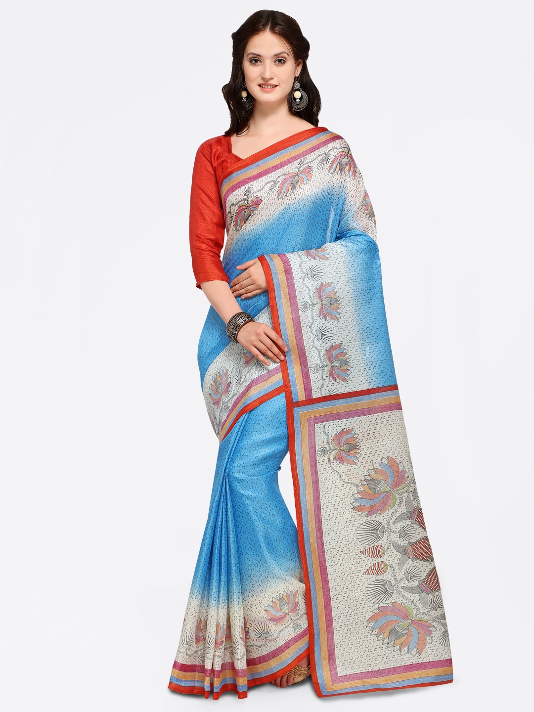 

Saree mall Blue & Beige Art Silk Printed Bhagalpuri Saree