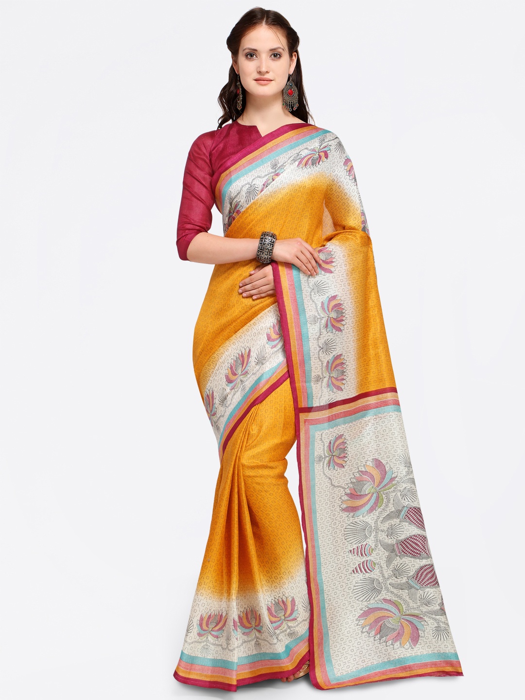 

Saree mall Yellow & Off-White Art Silk Printed Bhagalpuri Saree