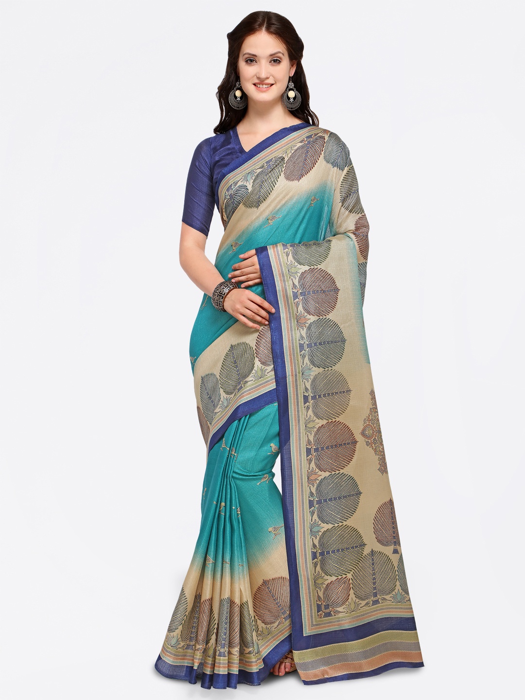 

Saree mall Blue & Beige Art Silk Printed Bhagalpuri Saree