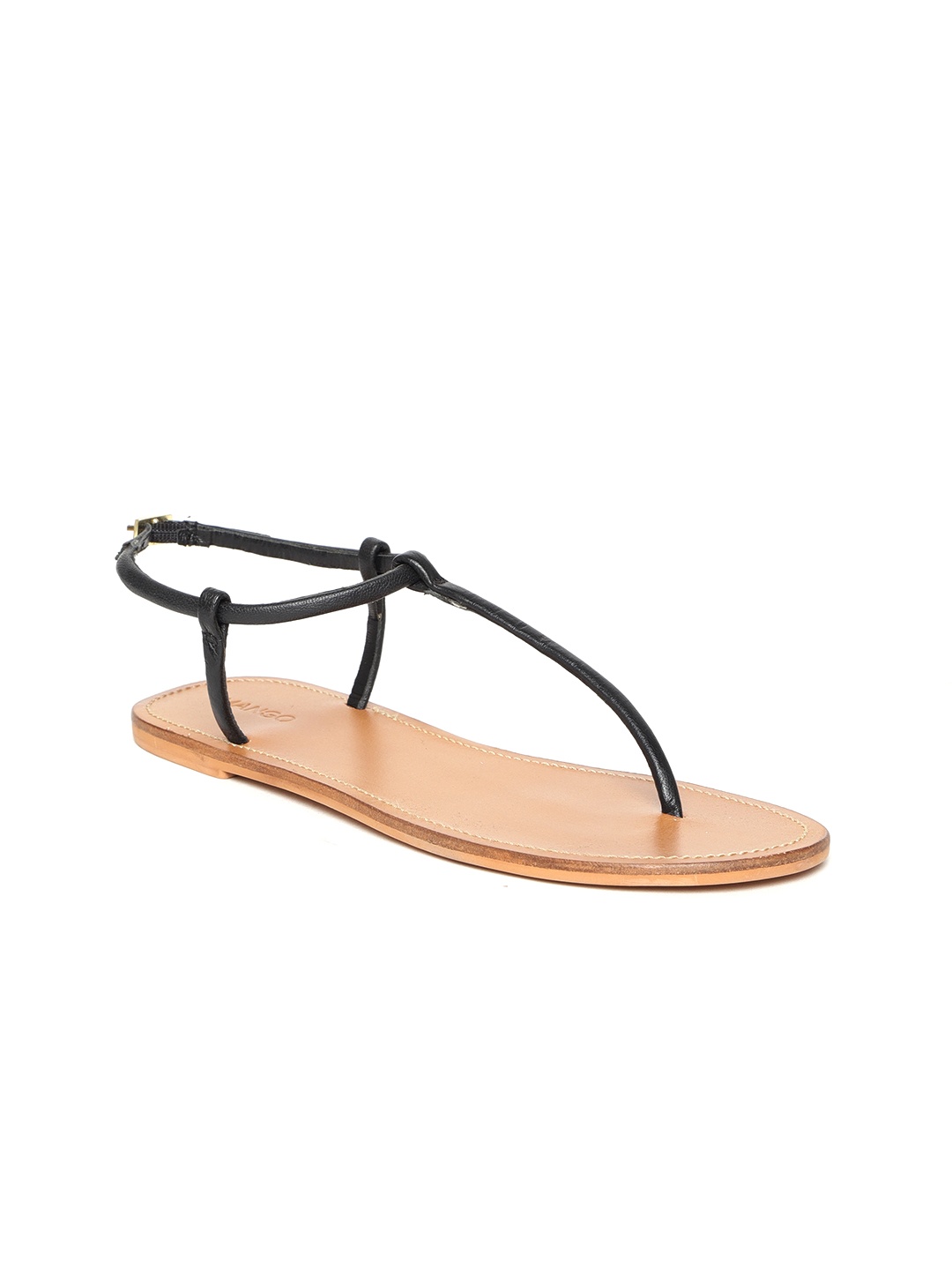 

MANGO Women Black Solid Leather T-Strap Flats