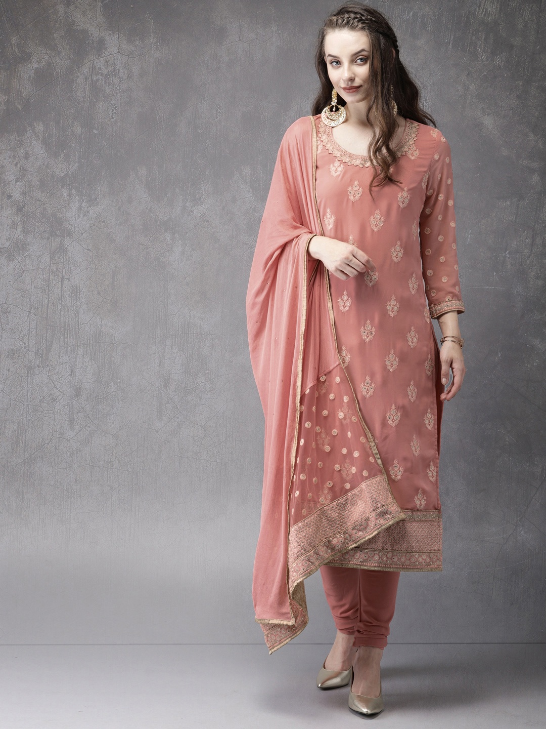 

Anouk Women Peach-Coloured Embroidered Kurta with Churidar & Dupatta