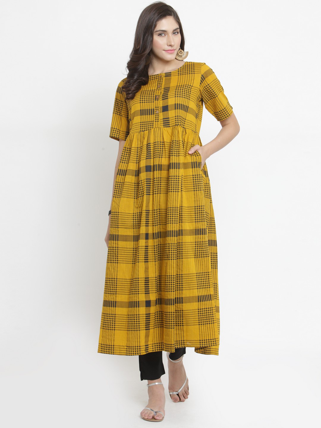 

Varanga Women Mustard & Black Checked A-Line Kurta