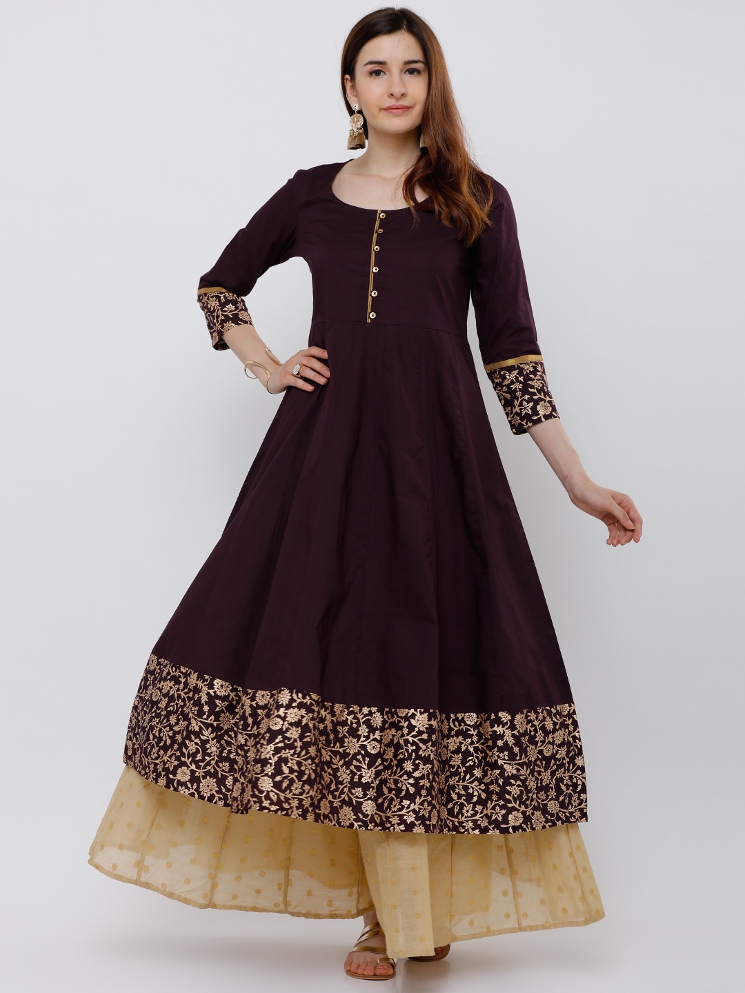 

Vishudh Women Burgundy & Gold-Toned Woven Design Anarkali Kurta