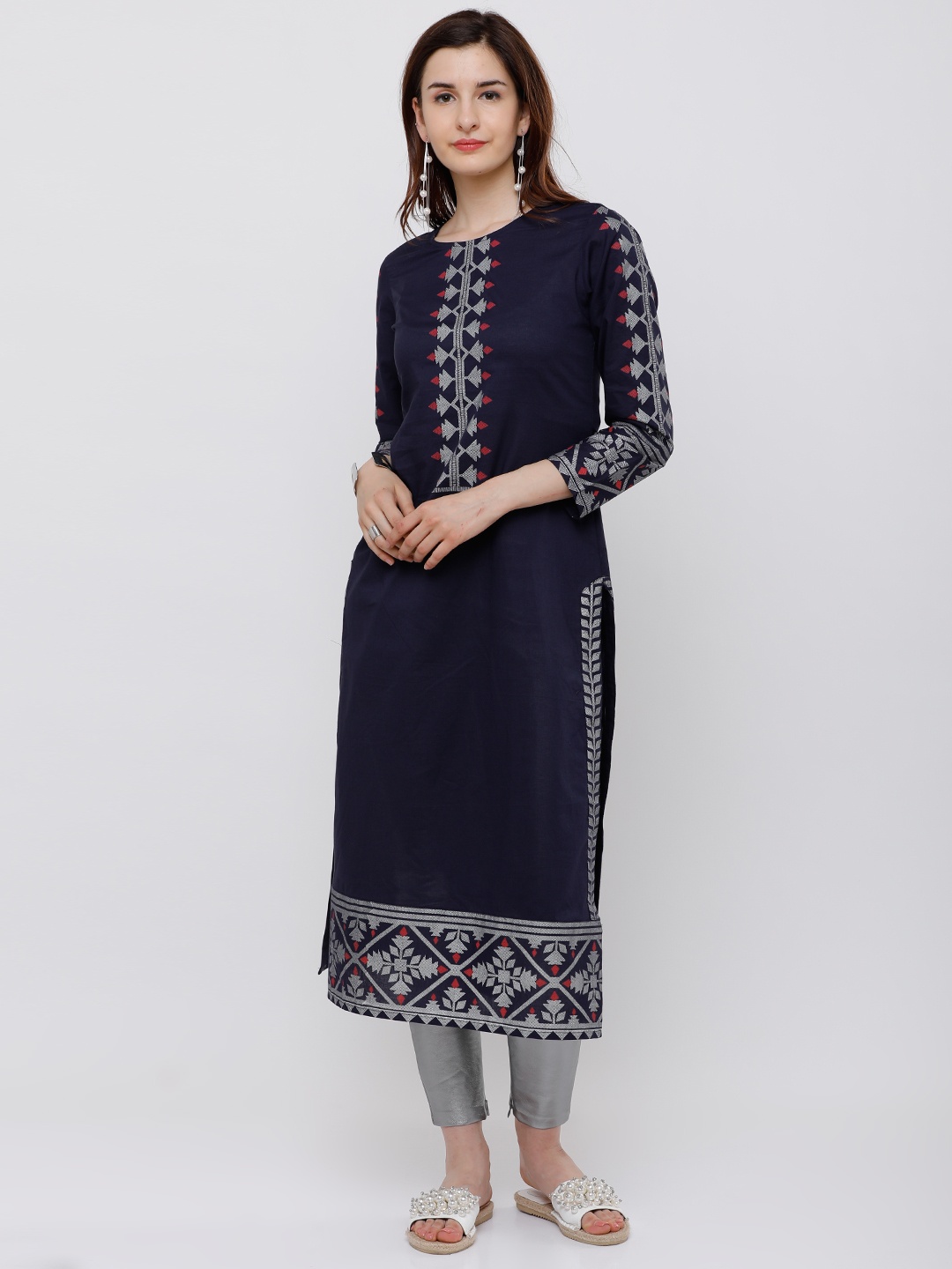 

Vishudh Women Navy Blue Yoke Design Straight Kurta