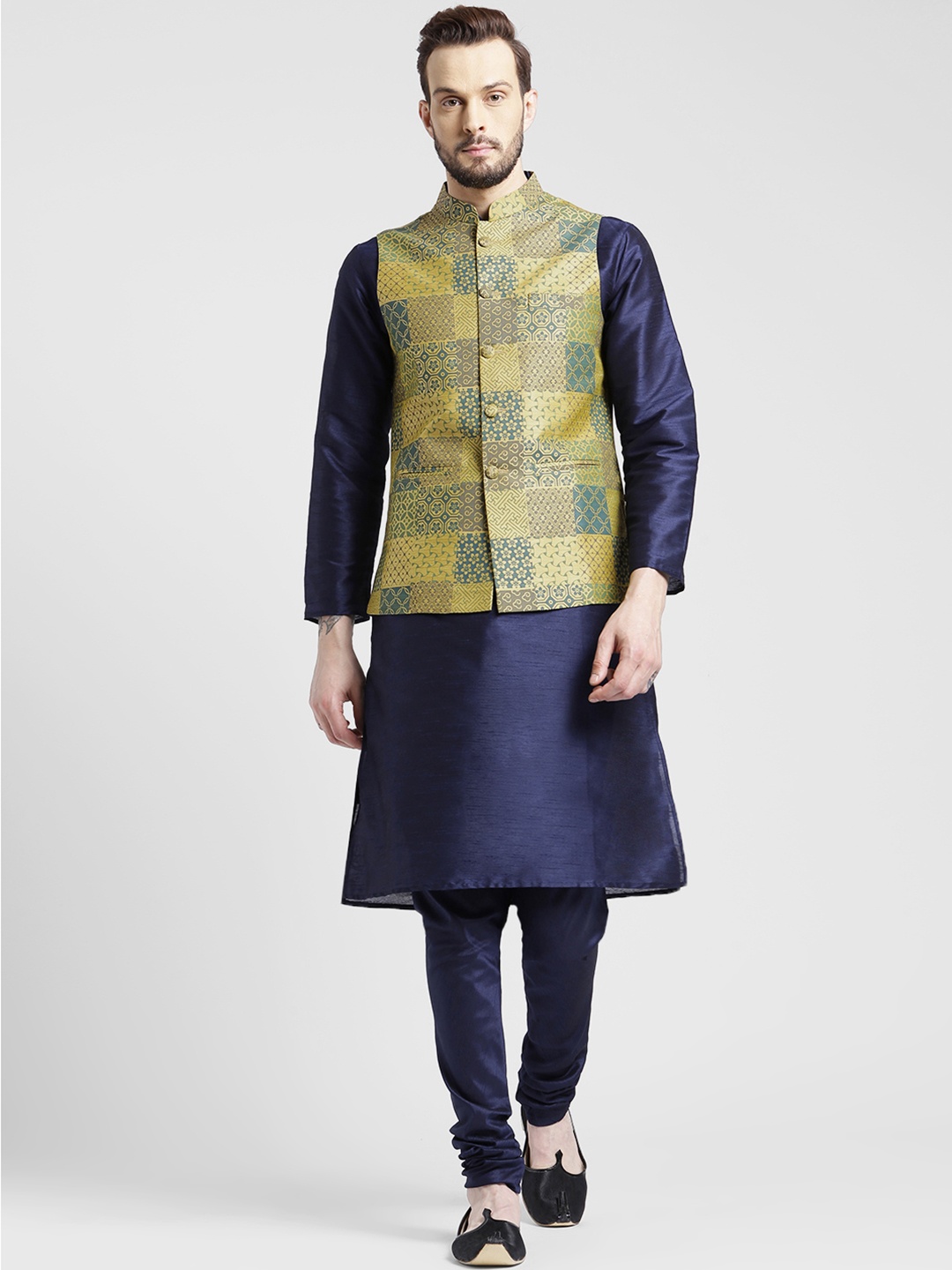 

KISAH Men Navy Blue & Beige Solid Kurta with Churidar & Nehru Jacket