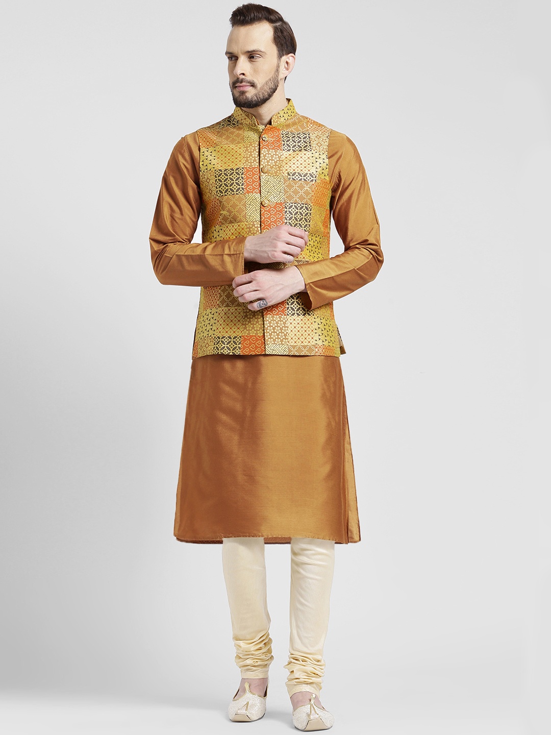 

KISAH Men Rust & Beige Solid Churidar Kurta with Nehru Jacket