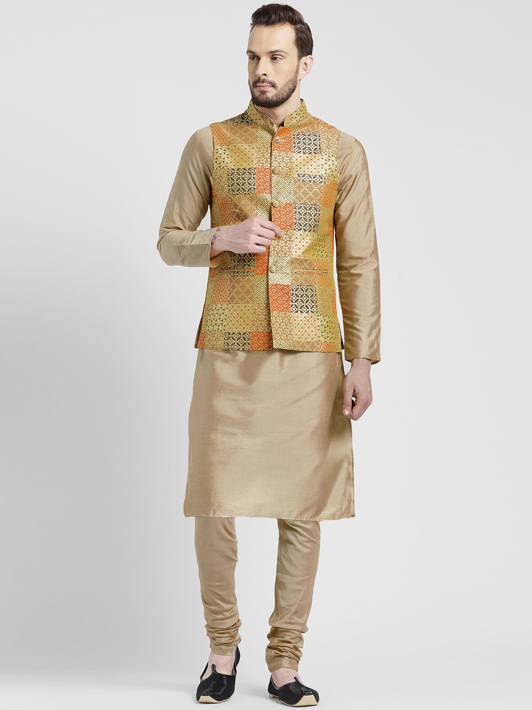 

KISAH Men Beige & Orange Kurta with Jacket & Churidar